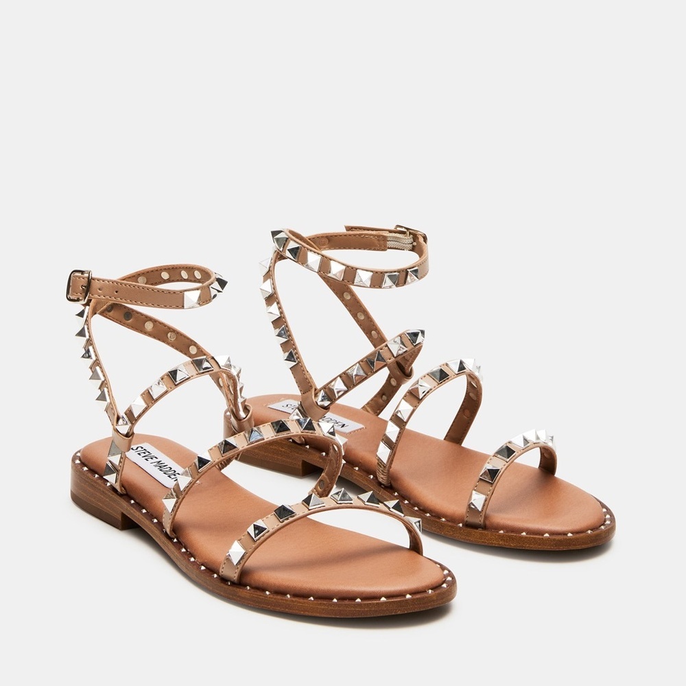 Steve Madden Women 10 Travel Tan Sandal Strappy Stud Embellishment Statement